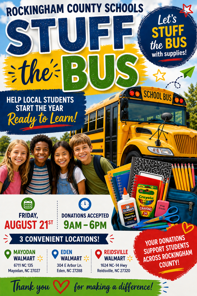 RCS flyer provides the August 21st Stuff-the-Bus event details and collection sites at local Rockingham Co. area Walmarts from 9AM to 6PM.