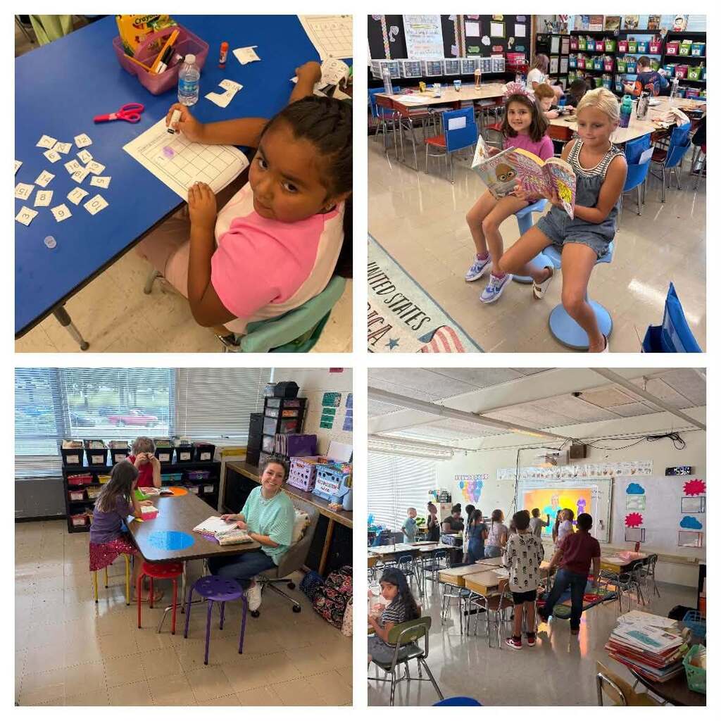 Alt Text: A four-photograph collage showcases elementary school students engaged in various educational activities across different classroom settings. Top Left: A student seated at a blue table works on a math or literacy activity using letter tiles arranged on a worksheet. Various manipulatives and learning materials including a water bottle and an orange container are scattered on the table. The student appears to be organizing or matching letter tiles for an educational exercise. Top Right: Two students sit together in a classroom library setting. One student holds and reads a colorful book while sitting on a blue chair. The background shows extensive shelving with books and classroom library organization. Multiple students and classroom furniture are visible in the background, creating a rich literacy environment. Bottom Left: A teacher works one-on-one with a student at a table during what appears to be a small group or guided reading session. Classroom storage and organizational systems with labeled containers and shelving units are visible along the walls. Colorful stools are used for seating, creating an engaging instructional space. Bottom Right: A full classroom scene shows multiple students standing and moving around the room during an active learning activity or lesson. Students are distributed throughout the space, suggesting a hands-on, interactive learning experience. Classroom décor, bulletin boards, and instructional materials are visible on the walls.
