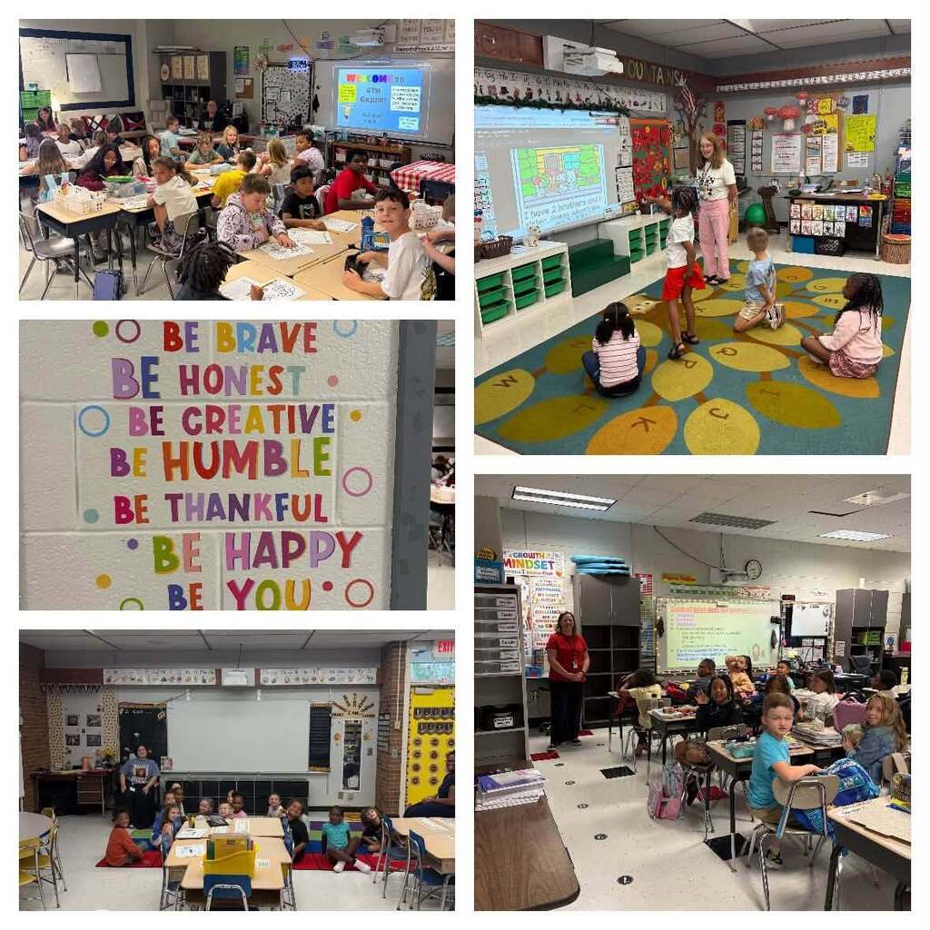 A five-photograph collage showcases various elementary school classroom scenes with students and teachers engaged in different learning activities across multiple classroom environments. Top Left: A classroom full of students seated at tables working on collaborative activities. A projector screen displays "WELCOME" content. The room is decorated with educational materials, storage shelves, and classroom supplies organized throughout the space. Middle Left: A motivational poster on a classroom wall displays text in colorful letters reading: "BE BRAVE BE HONEST BE CREATIVE BE HUMBLE BE THANKFUL BE HAPPY BE YOU" The poster is decorated with colorful circles, creating an inspiring visual for students. Top Right: A classroom features a projected map on the screen with students scattered on a colorful floor mat displaying alphabet letters and numbers. A teacher stands near the board leading instruction. The room contains organized storage with green bins and various classroom materials and decorations displayed on the walls. Bottom Right: Students are seated at desks engaged in seat work while a teacher in red stands in the background. The classroom displays various educational posters and materials on walls and bulletin boards, creating a rich learning environment.