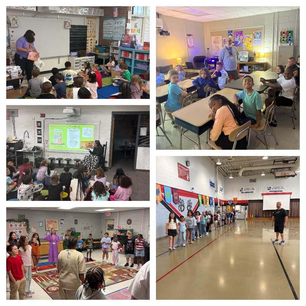 A five-photograph collage documents various school settings and educational activities across classroom and gymnasium environments in an elementary school.