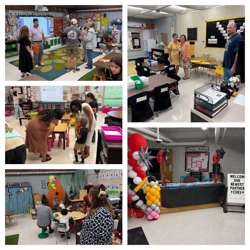 A five-photograph collage documents classroom visits or school events, showcasing various elementary classroom spaces and interactions between adults and children. Top Left: A classroom gathering with multiple adults and children features typical classroom decorations, storage bins, and activity areas with colorful furnishings visible on the floor. Top Right: An empty classroom view displays black tables and chairs arranged throughout the space, yellow accent colors on storage areas, bulletin boards on walls, and classroom displays. An adult man stands on the right side observing the space. Middle Left: A classroom scene shows adults and children interacting in a room with brightly colored furniture in yellow, pink, and magenta tones typical of early elementary classrooms, with storage cubbies and educational displays visible. Middle Right: A close-up view of black classroom furniture including tables and chairs, classroom supplies, and organizational materials featuring color-coded storage bins and paper organizers. Bottom Left: An interior classroom view shows people gathered in a colorful space with yellow and pink furniture, classroom walls featuring educational displays and decorations, and typical early elementary setup. Bottom Right: A display entrance or welcome area features an elaborate balloon installation in red, white, yellow, pink, and black. A sign reads "WELCOME OUR NEWEST PANTHER CUBS" with additional classroom bulletin boards and decorative elements visible behind it, celebrating new students joining the school community.