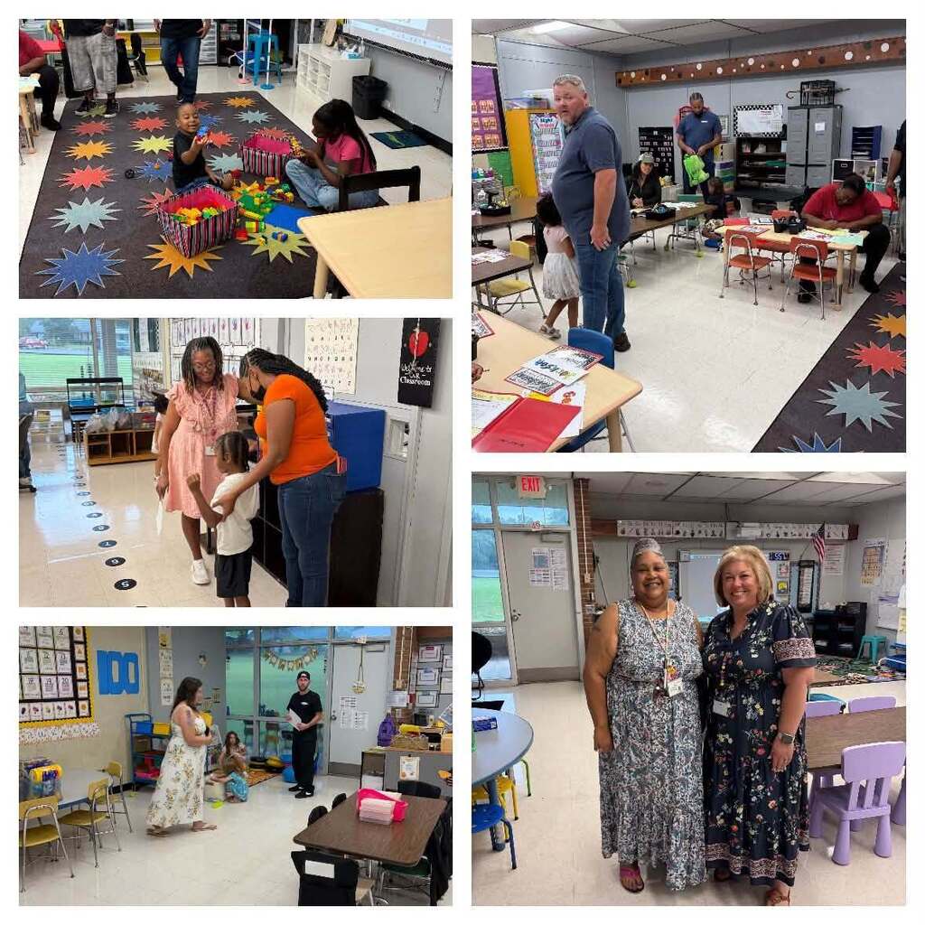 Alt Text: A five-photograph collage documents various classroom and school-based activities in an elementary school setting. Top Left: Children engage in an interactive learning activity on a floor mat decorated with colorful star designs in red, yellow, blue, and orange. Building blocks or manipulatives are visible on the mat, indicating hands-on learning. Top Right: A classroom setting shows an adult supervisor interacting with children. The room features typical classroom furnishings including tables, shelves with supplies, and decorated walls. A decorative star mat similar to the one in the top left photo is visible in the foreground. Middle Left: Two women in casual/professional dress engage in what appears to be a school-related interaction near classroom furniture and storage, suggesting collaboration or planning. Middle Right: A portrait of two women smiling at the camera in a classroom environment with purple chairs and educational materials visible in the background, creating a welcoming atmosphere. Bottom Left: A classroom activity scene shows an adult leading what appears to be an interactive lesson or activity with children, with furniture and classroom materials visible around the space.