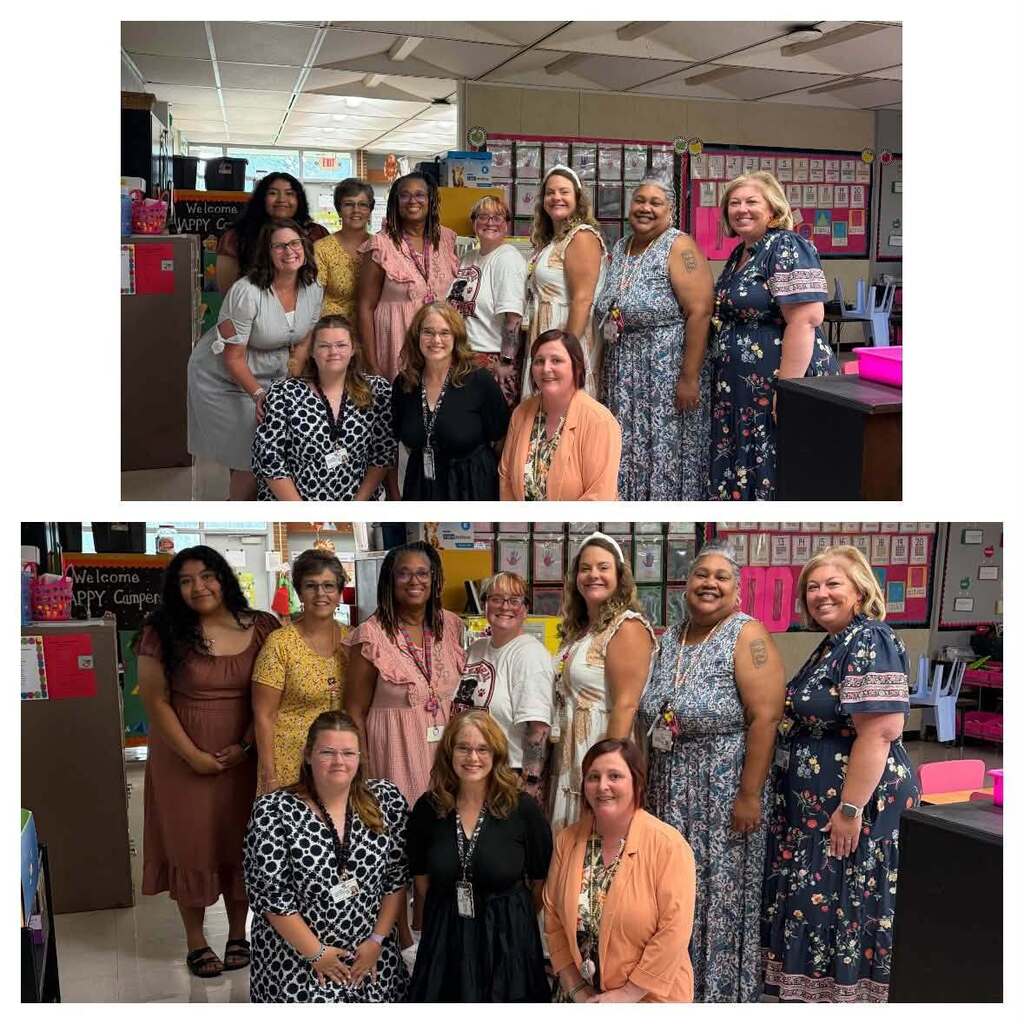 Alt Text: Two photographs show a group of approximately 11 women posing together in a classroom setting, taken moments apart with slightly different compositions. The subjects are arranged in two rows—some standing in the back, others seated or positioned in front—all smiling at the camera. Classroom Background Features: Fluorescent ceiling-mounted lights Pink and red bulletin boards on the walls An EXIT sign visible at the top A "Welcome" sign on a chalkboard or whiteboard Various classroom storage units, organization materials, and decorations Teacher workspace elements including a desk area The women are dressed in casual to business-casual clothing featuring various floral, patterned, and solid-colored outfits. The setting and composition suggest this may be a school staff photo, team gathering, or educational institution group portrait celebrating collaboration and community.