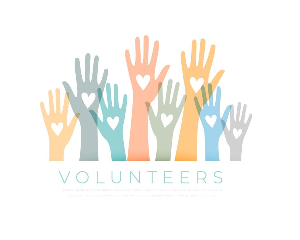 colorful volunteers hands with hearts in the middle