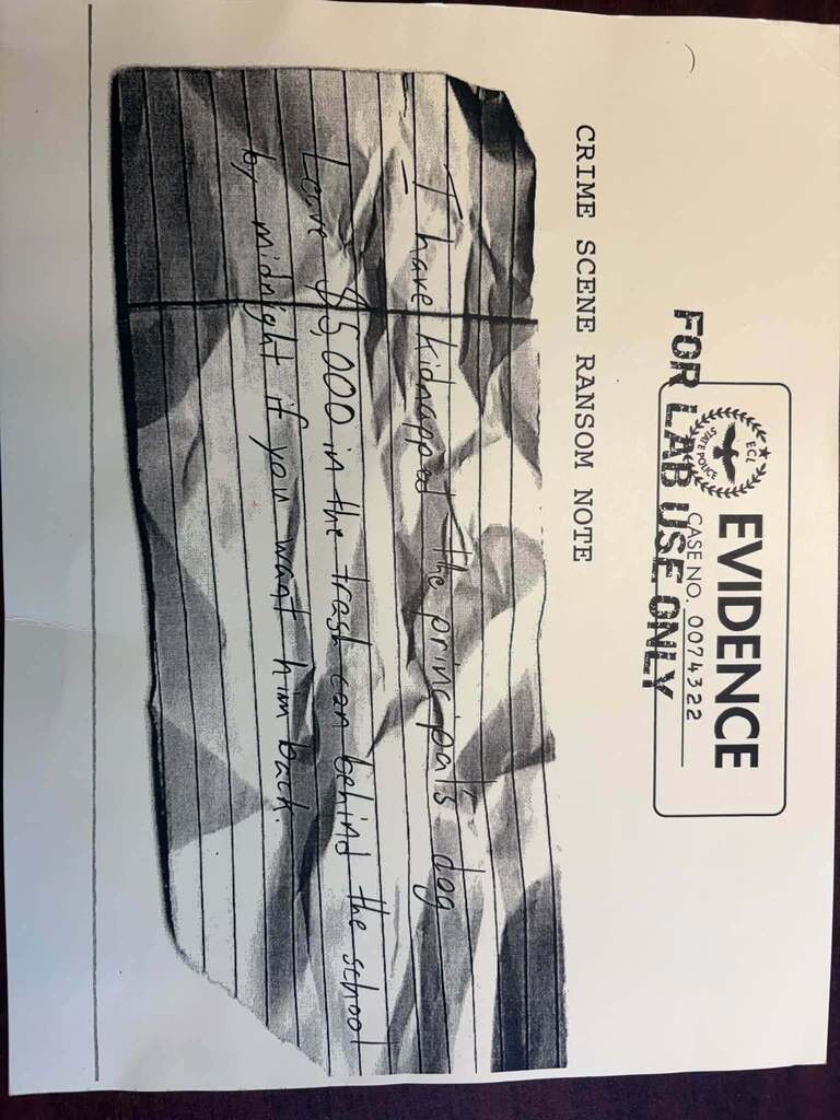 A printed “CRIME SCENE RANSOM NOTE” labeled “EVIDENCE — CASE NO. 0074322” and “LAB USE ONLY” reads: “I have kidnapped the principal’s dog. Leave $5,000 in the trash can behind the school by midnight if you want him back.” The document appears to be part of a classroom mystery activity.  846771262_1638249