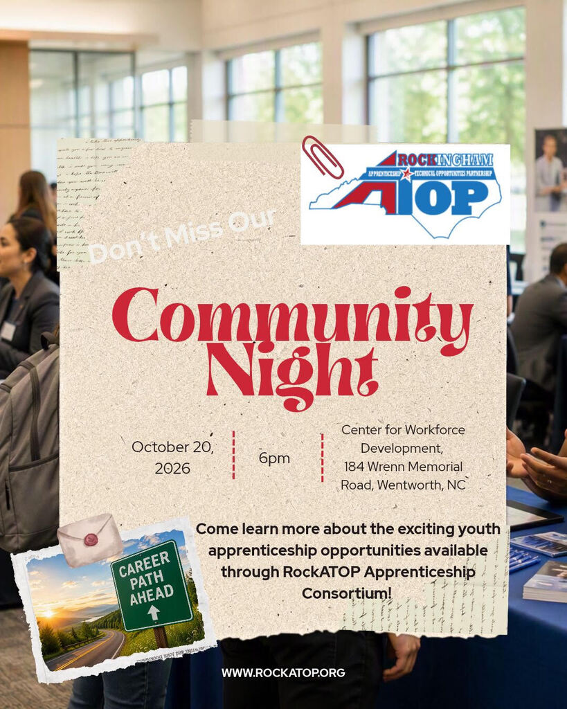 Parent night for our Junior and Seniors for RockATop apprenticeship at Center for Workforce Development, 184 Wrenn Memorial Road, Wentworth, NC on Oct. 20 at 6 p.m.