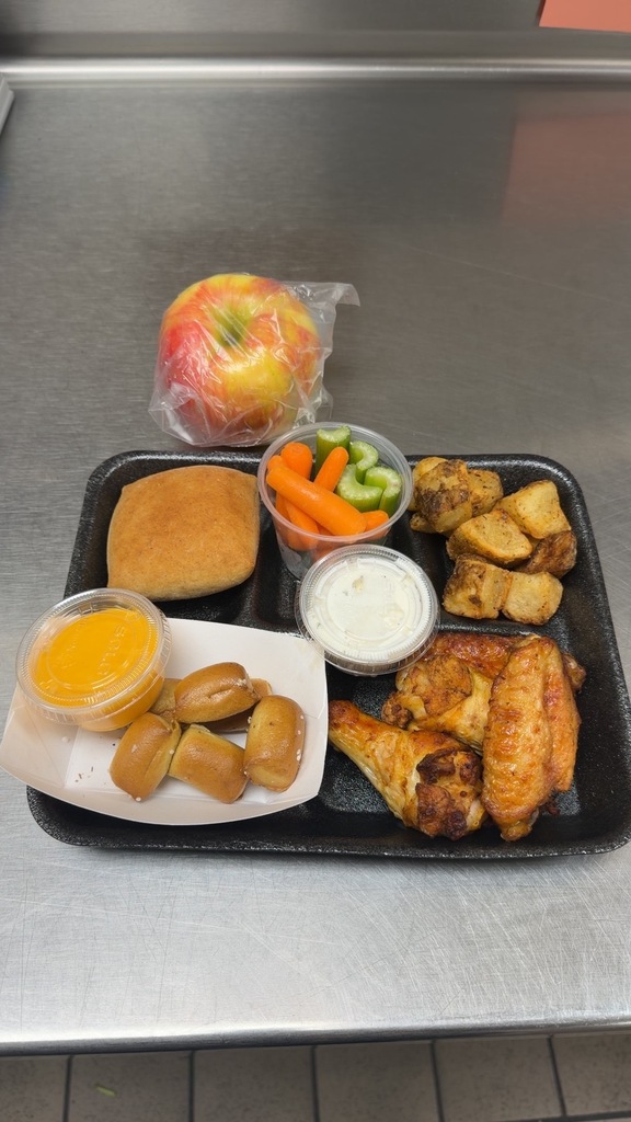 National School Lunch Week 2026- Grilled chicken, pretzel bites with cheese sauce, veggies with ranch, potato bites, roll and apple
