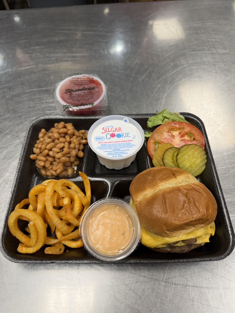 National School Lunch Week 2026- Cheeseburger with pickles, lettuce and tomato on the side, onion rings and dipping sauce, beans, ice cream