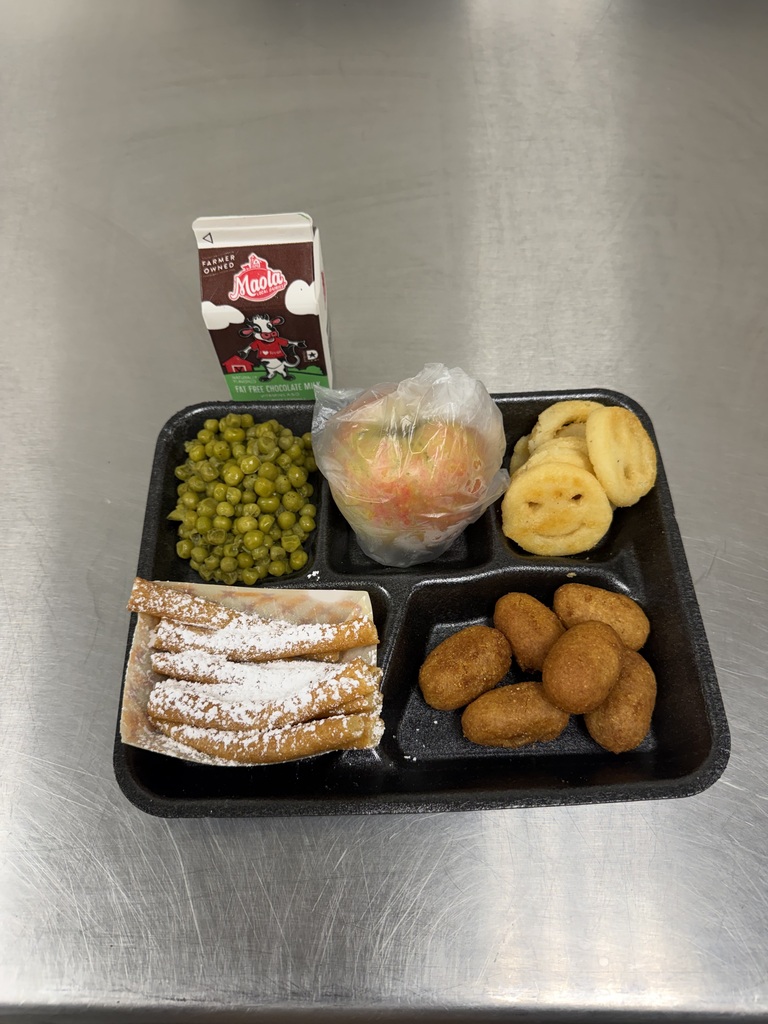 National School Lunch Week 2026- Chicken nuggets, smiley face french fries, peas, apple, fried dessert covered in sugar powder, chocolate milk