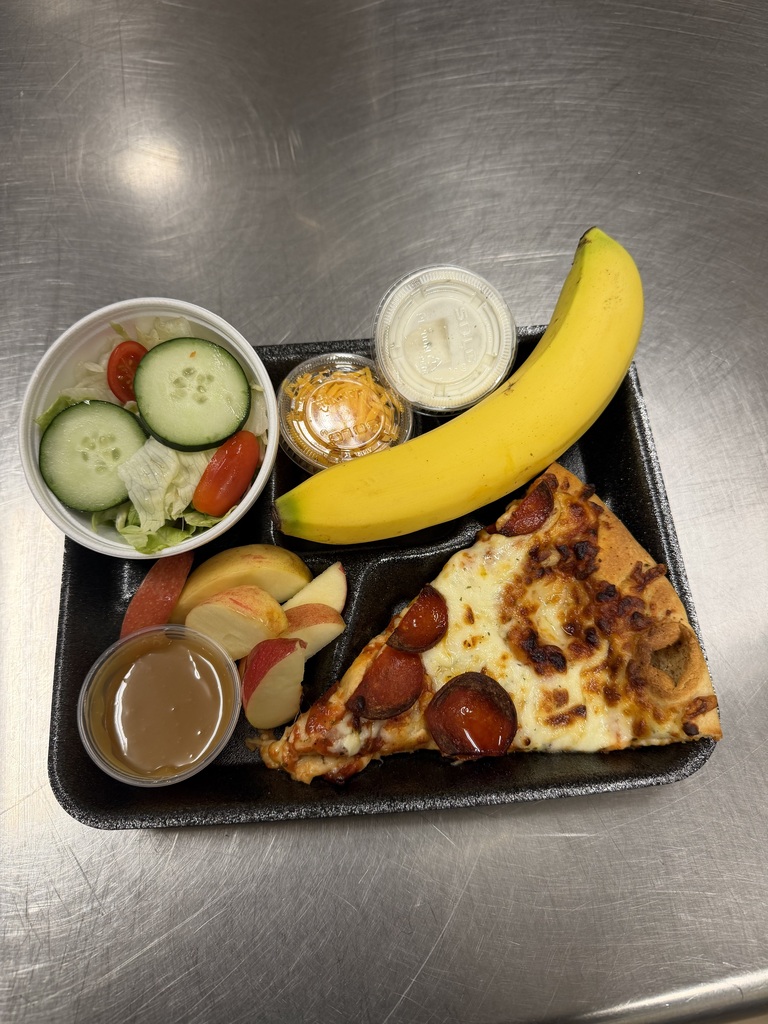 National School Lunch Week 2026- Pepperoni pizza slice, banana, apples and caramel, salad with cheese and dressing