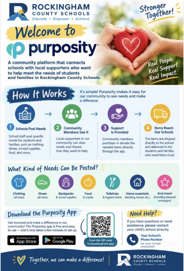 Flyer: Welcome to Purposity- A community platform that connects schools with local supporters who want to help meet the needs of students and families in Rockingham County Schools