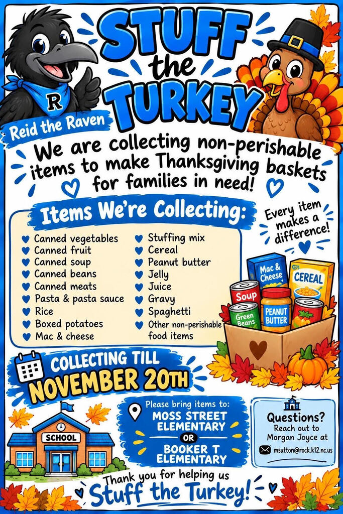 Stuff the Turkey food collection flyer for families in need, drop off at Moss Street Elem and Booker T Elem through Nov. 20