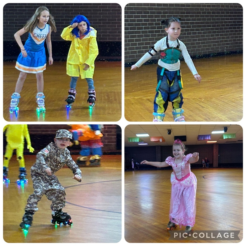 Pic Collage for Douglass Elementary Spooktacular Skate Night: Girl in cheerleader costume, girl in blue wig and yellow rain coat, girl dressed as KPop Demon Hunter, boy dressed as soldier, girl dressed as princess