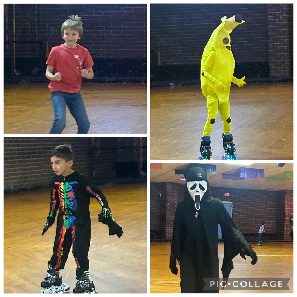 Pic Collage for Douglass Elementary Spooktacular Skate Night: Boy dressed in red tshirt and jeans, boy dressed as banana, boy dressed in colorful skeleton onesie, boy dressed as ghost face from Scream