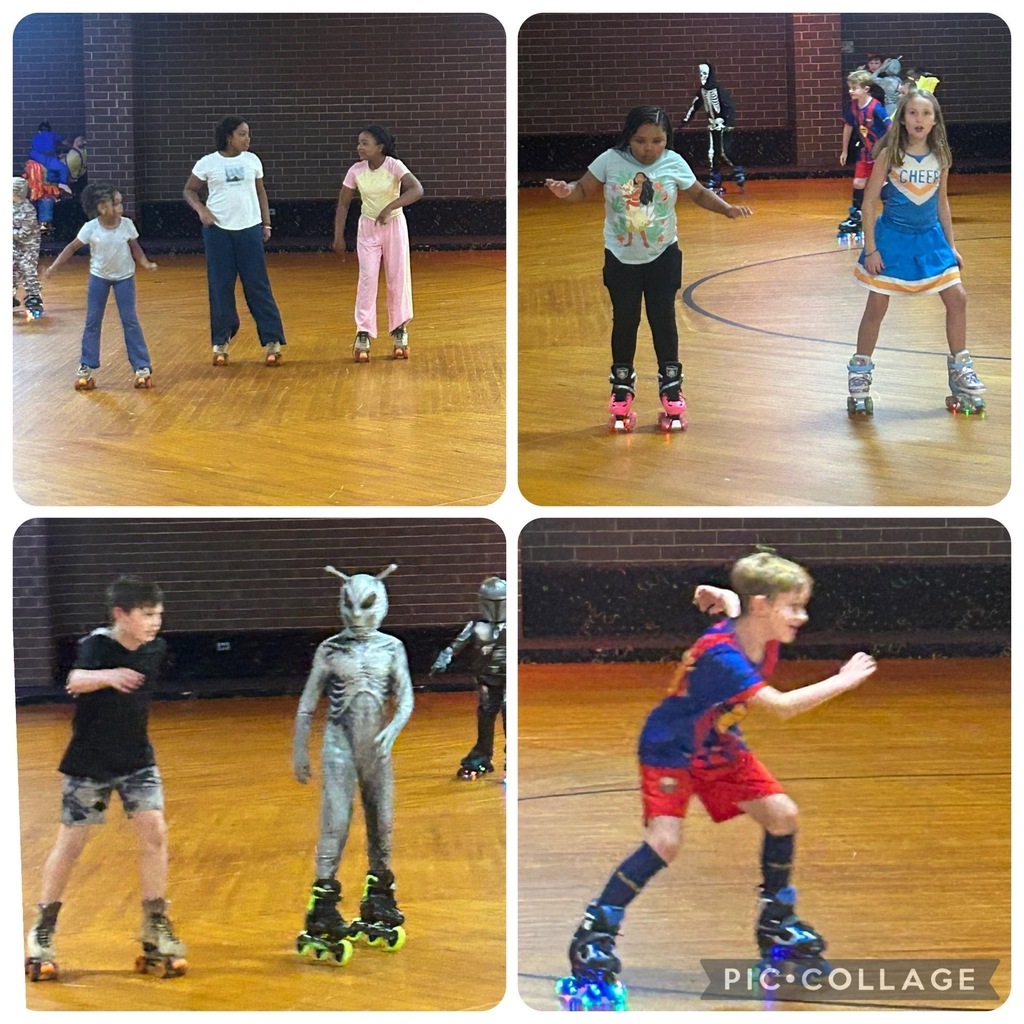 Pic Collage for Douglass Elementary Spooktacular Skate Night: Three girls skating side-by-side, two girls skating together -one wearing a Moana shirt and the other as a cheerleader, two boys skating together -one in black t-shirt and shorts and the other in an alien onesie, little boy wearing superhero clothing set