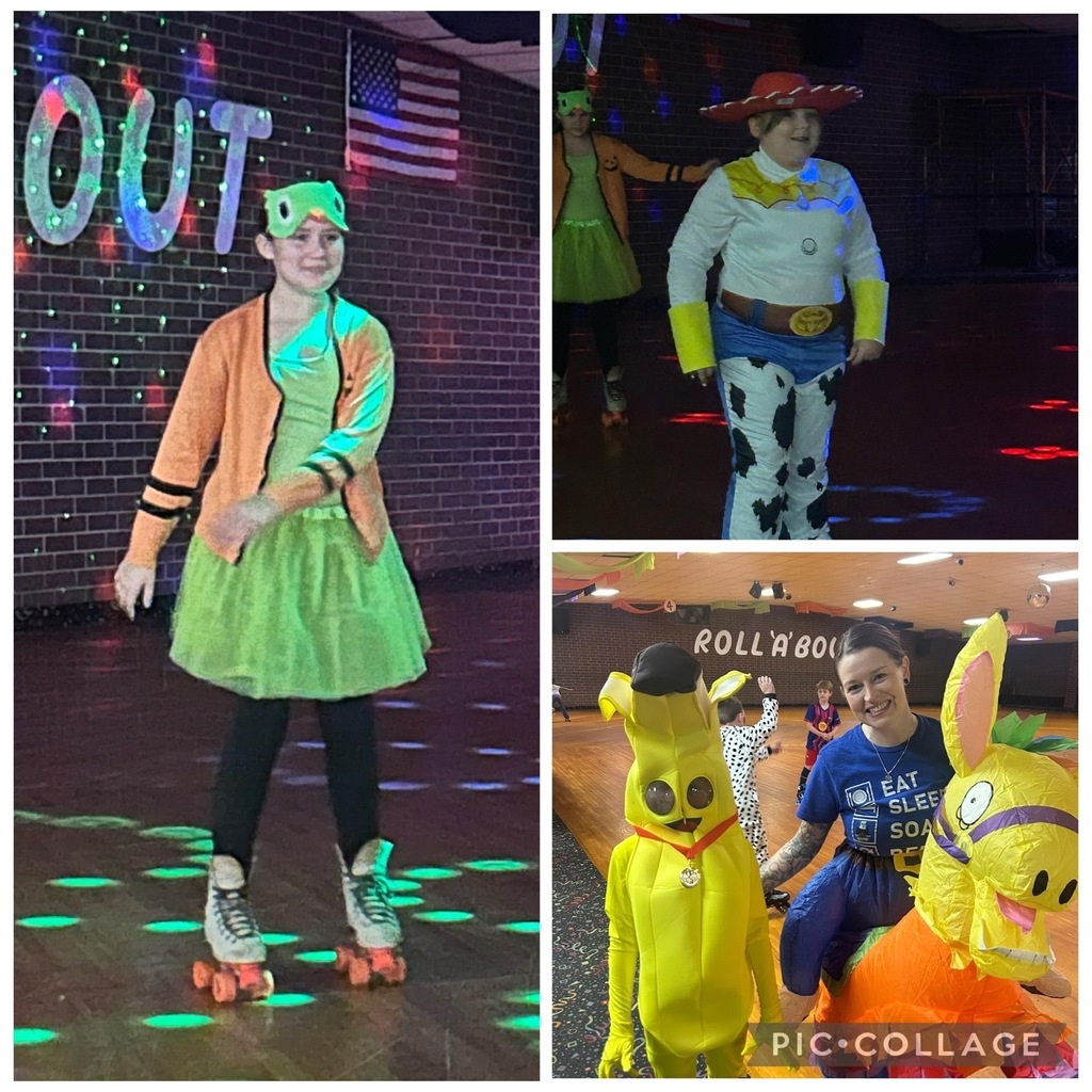 Pic Collage for Douglass Elementary Spooktacular Skate Night: Girl dressed in orange and green costume with a bird eye mask, girl dressed as Jessie from Toy Story, child in banana suit and woman in inflatable pinata costume