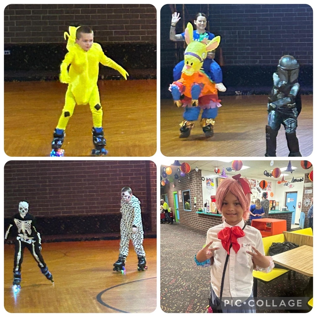Pic Collage for Douglass Elementary Spooktacular Skate Night: Boy in banana costume, woman in inflatable pinata costume, boy in knight costume, boy in skeleton onesie, boy dressed as clown, girl dressed as anime character