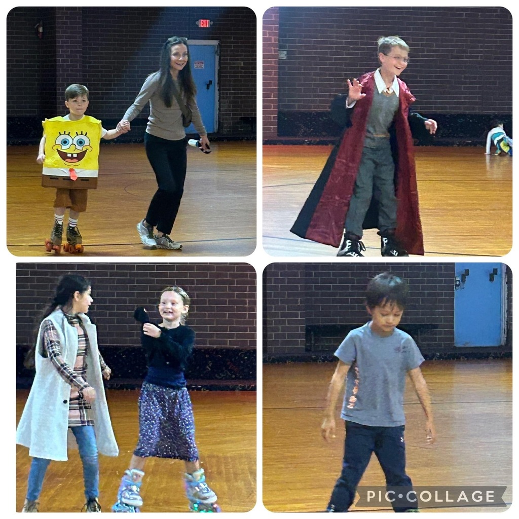 Pic Collage for Douglass Elementary Spooktacular Skate Night: Boy dressed as Spongebob skating with mother, boy dressed as Harry Potter, two young girls skating together, little boy in gray t-shirt and sweatpants