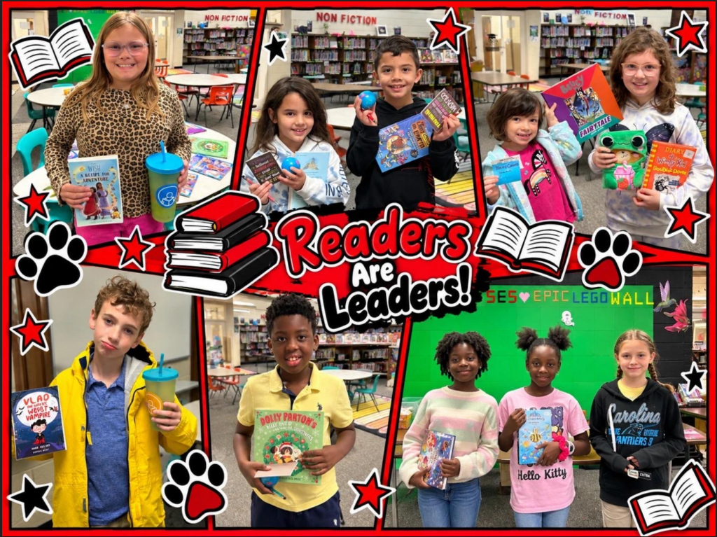 Stoneville Elementary students completed RoCo Summer Reading Trail- Graphic reads "Readers Are Leaders". In total, there are seven young girls and three young boys who are all holding a book and a prize