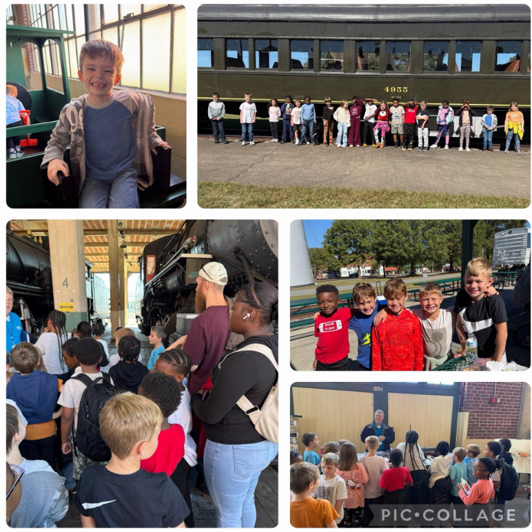 Collage of second graders at their field trip to the transportation museum