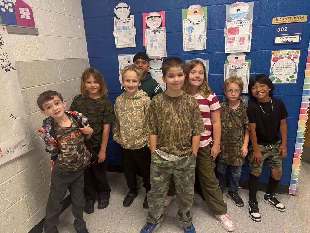 Red Ribbon Week- Lincoln Elementary Camo Day: 8 students (2 girls, 6 boys) all dressed in some form of camo