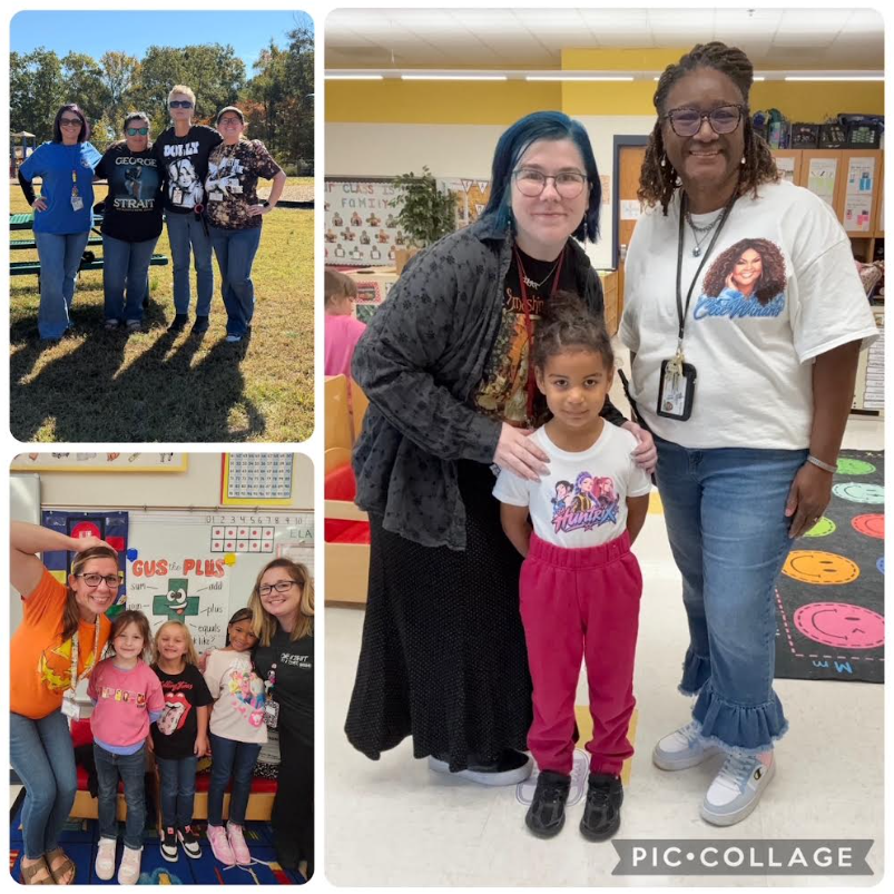 Red Ribbon Week- Douglass Elementary Band Shirt Day: Collage photo- Top left shows 4 teachers in band shirts outside, bottom left shows 2 teachers and 3 students in a classroom wearing band shirts, right shows 2 teachers and a student in a classroom wearing band shirts
