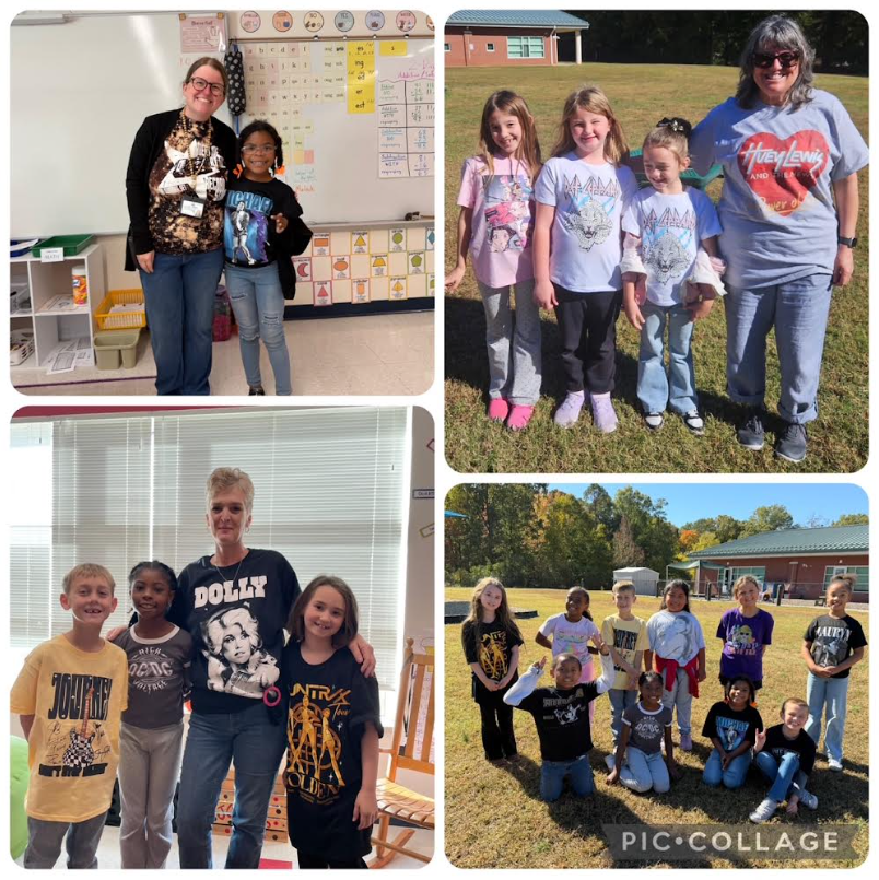 Red Ribbon Week- Douglass Elementary Band Shirt Day: Collage photo- Top left shows a teacher and student in a classroom wearing band shirts, bottom left shows a teacher and 3 students in a classroom with band shirts, top right shows a teacher and 3 students outside wearing band shirts, bottom right shows 10 students outside wearing band shirts