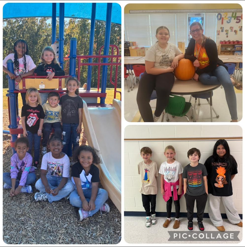 Red Ribbon Week- Douglass Elementary Band Shirt Day: Collage photo- Left shows 8 children on the playground posing while wearing band shirts, top right shows a student and teacher in a classroom sitting at a table with a pumpkin wearing band shirts, bottom right shows 4 students in the hallway wearing band shirts 