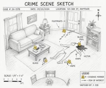 Rockingham County High School Public Safety class: Black and white crime scene sketch showing a living room with a body/victim on the floor and evidence markers across the room