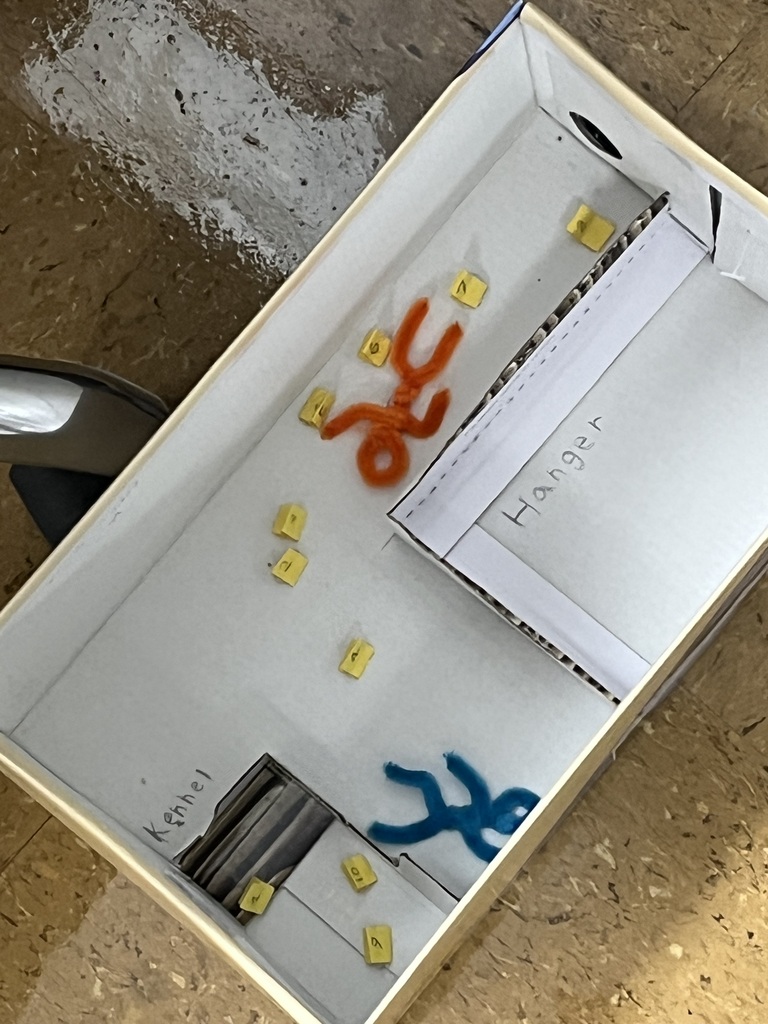 Rockingham County High School Public Safety class: A box with 2 pipe cleaner figures and evidence markers inside