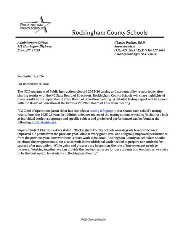 RCS press release for 2025-26 State Testing results