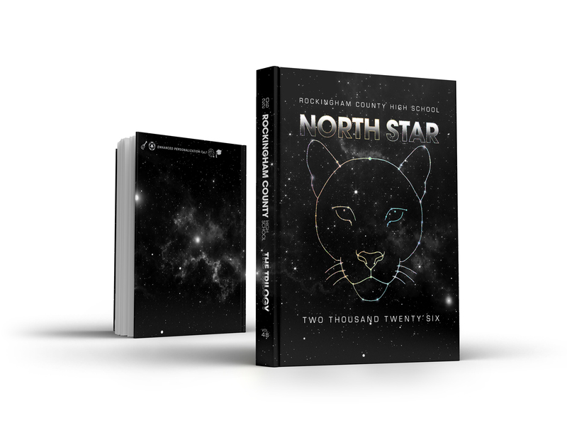 Yearbook cover featuring a constellation in the shape of a cougar's face against a black and silver galaxy of stars, with the them and title North Star.