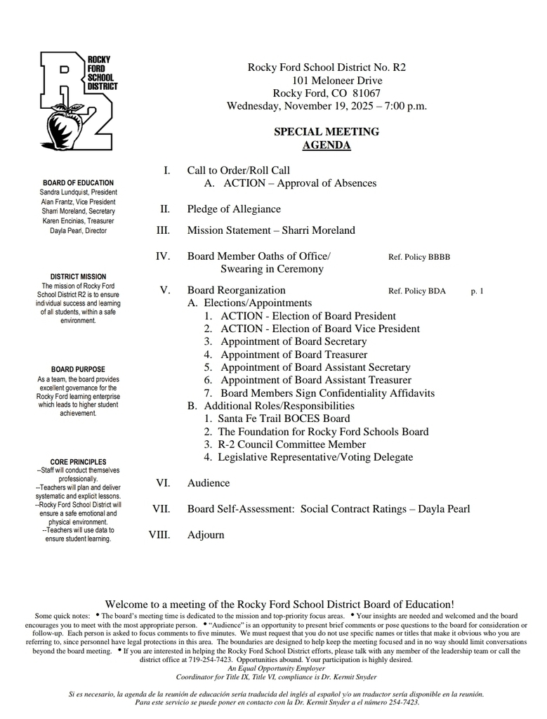 Agenda for BOE Special Meeting 11.19.2025