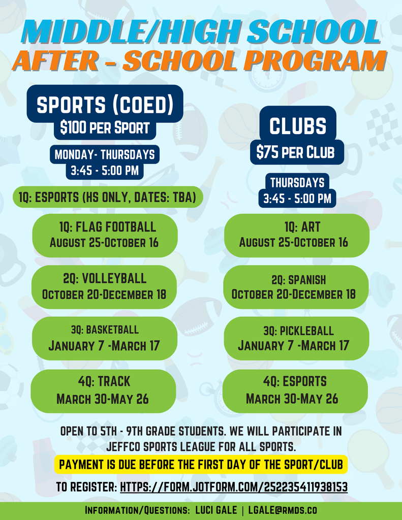 Rocky Mountain Deaf School (RMDS) offers a Middle/High School After-School Program for 5th through 9th-grade students, including coed sports and clubs. Sports cost $100 per sport and take place Monday through Thursday from 3:45 to 5:00 PM. Club participation costs $75 per club and is held on Thursdays from 3:45 to 5:00 PM. RMDS students will compete in the Jeffco Sports League. Quarterly Offerings: 1Q: Sports: Flag Football (Aug 25 – Oct 16), Esports (HS only, dates TBA) Club: Art 2Q: Sports: Volleyball (Oct 20 – Dec 18) Club: Spanish 3Q: Sports: Basketball (Jan 7 – Mar 17) Club: Pickleball 4Q: Sports: Track (Mar 30 – May 26) Club: Esports Payment is required before the first day of the sport or club. Register at: https://form.jotform.com/252235411938153 For more info, contact Luci Gale at LGale@rmds.co