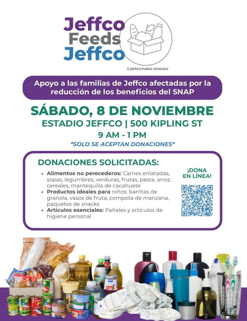 Alt text: "Flyer for Jeffco Feeds Jeffco donation event at Jeffco Stadium, November 8, 9 AM to 1 PM. Non-perishable foods, kid-friendly items, and essential supplies requested. Images of canned goods, toiletries, and household items shown below text."
