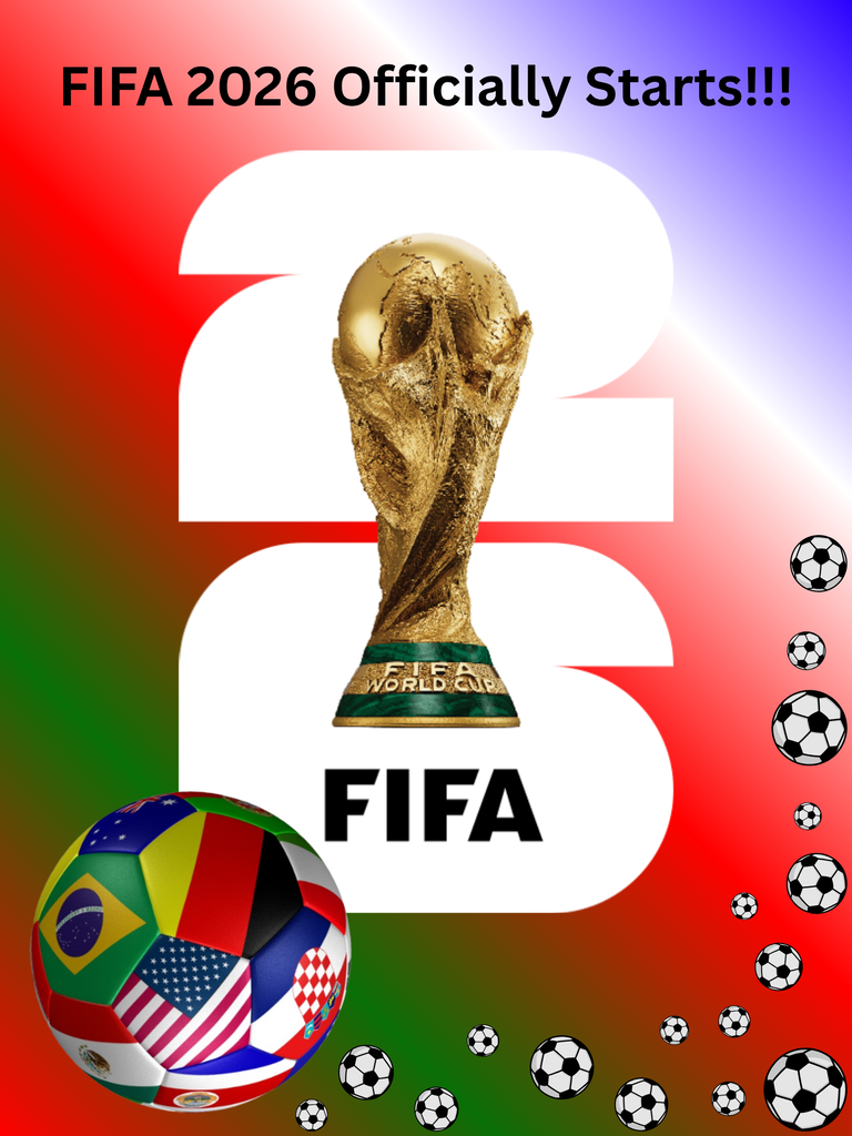 Symbol for FIFA 2026. Golden trophy in the center, surrounded by colorful soccer balls.