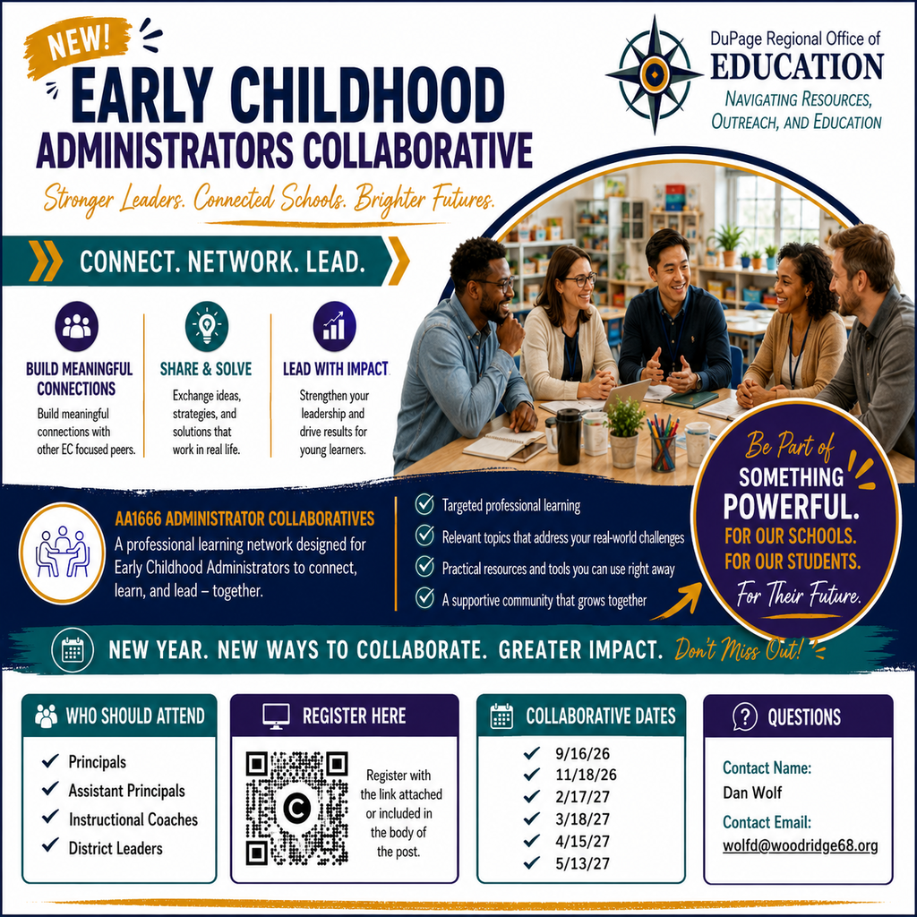 An advertisement for the Early Childhood Administrators Collaborative. It features text, icons, a QR code, and people sitting at a table.