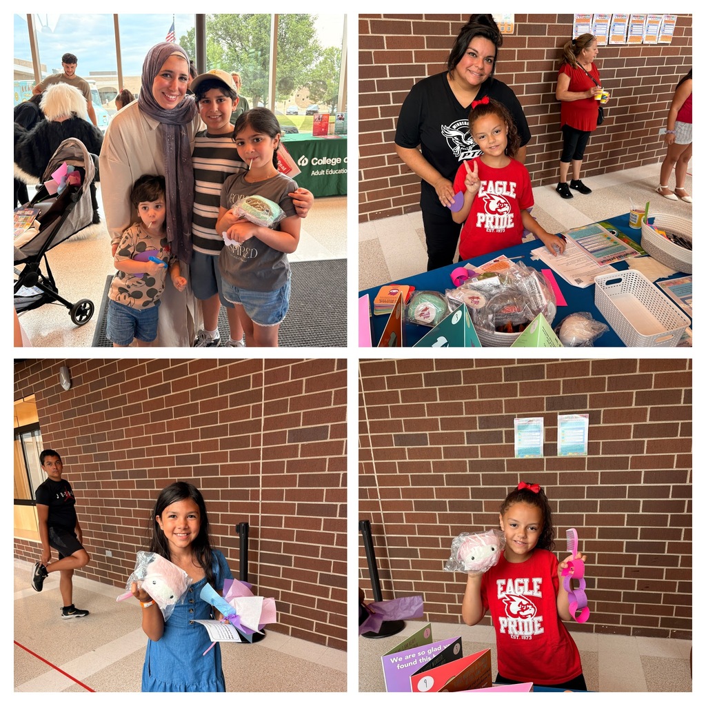 Four panels of children with adults and crafts. One child holds a peace sign. A brick wall in background.
