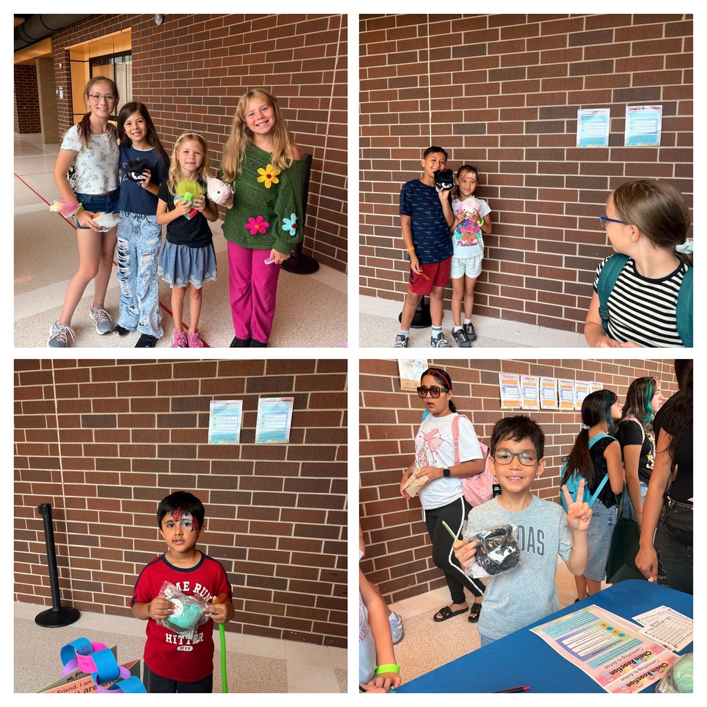 Collage of kids standing against a brick wall with papers. A boy wearing glasses is giving a peace sign.