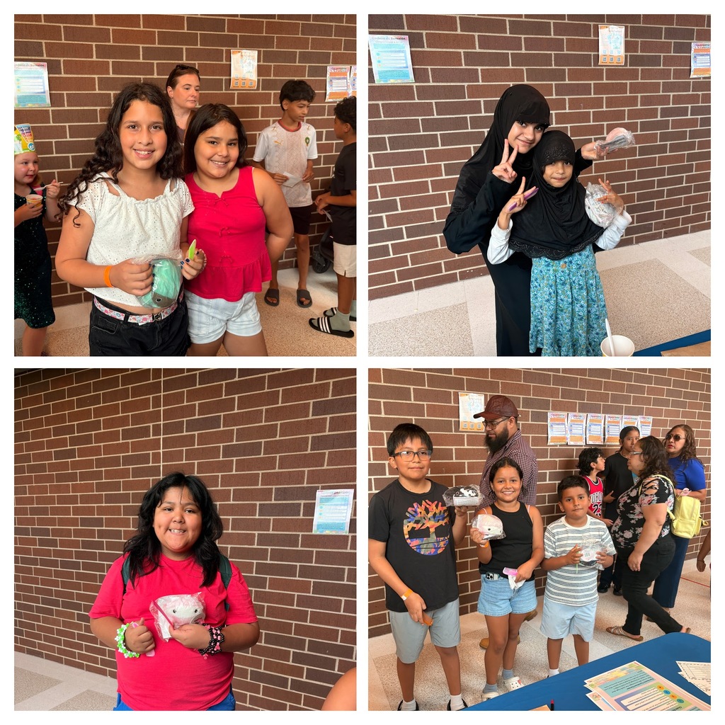 Four panels show kids and adults smiling and posing for photos in a hallway with brick walls.