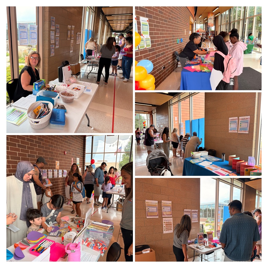Collage of images showing families in a community event, with tables set up for activities.