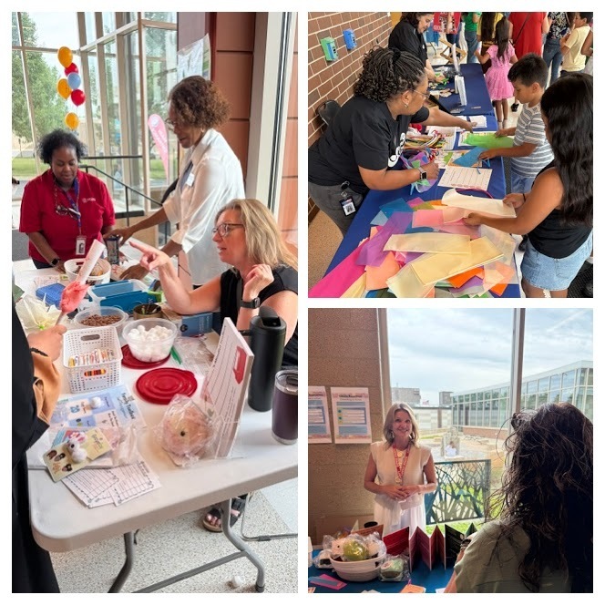 A collage of photos shows people gathered at tables, some with crafts and others with food.