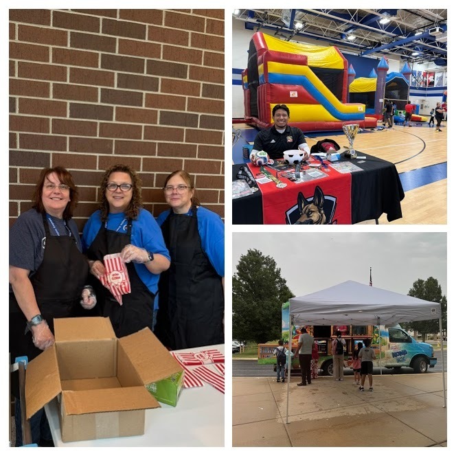 Three collage photos show people in aprons by a box, a man by a bouncy castle, and a tent.