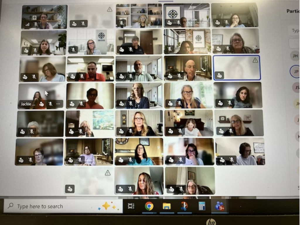 Grid of video call participants on a computer screen. Each person is in a small square.