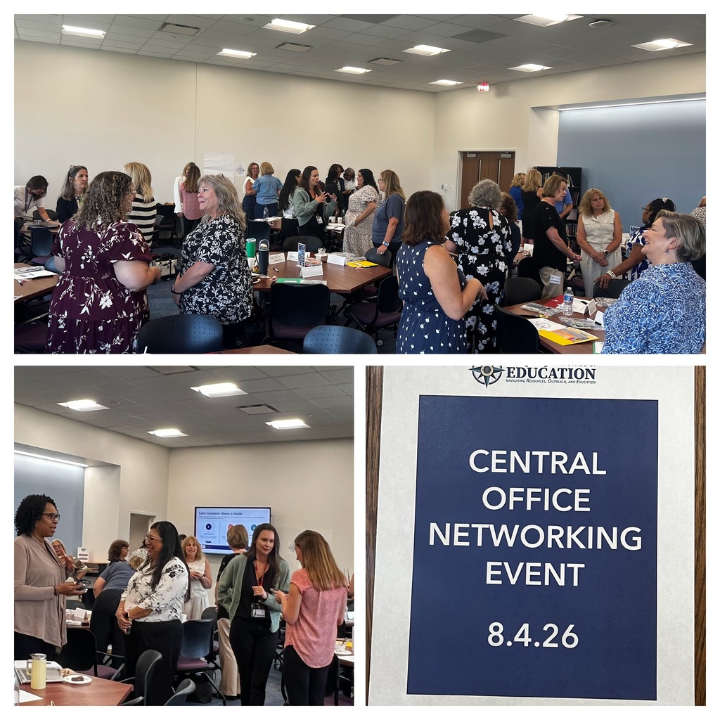 A collage of people gathered in a conference room with tables and chairs. A sign reads "Central Office Networking Event 8.4.26".