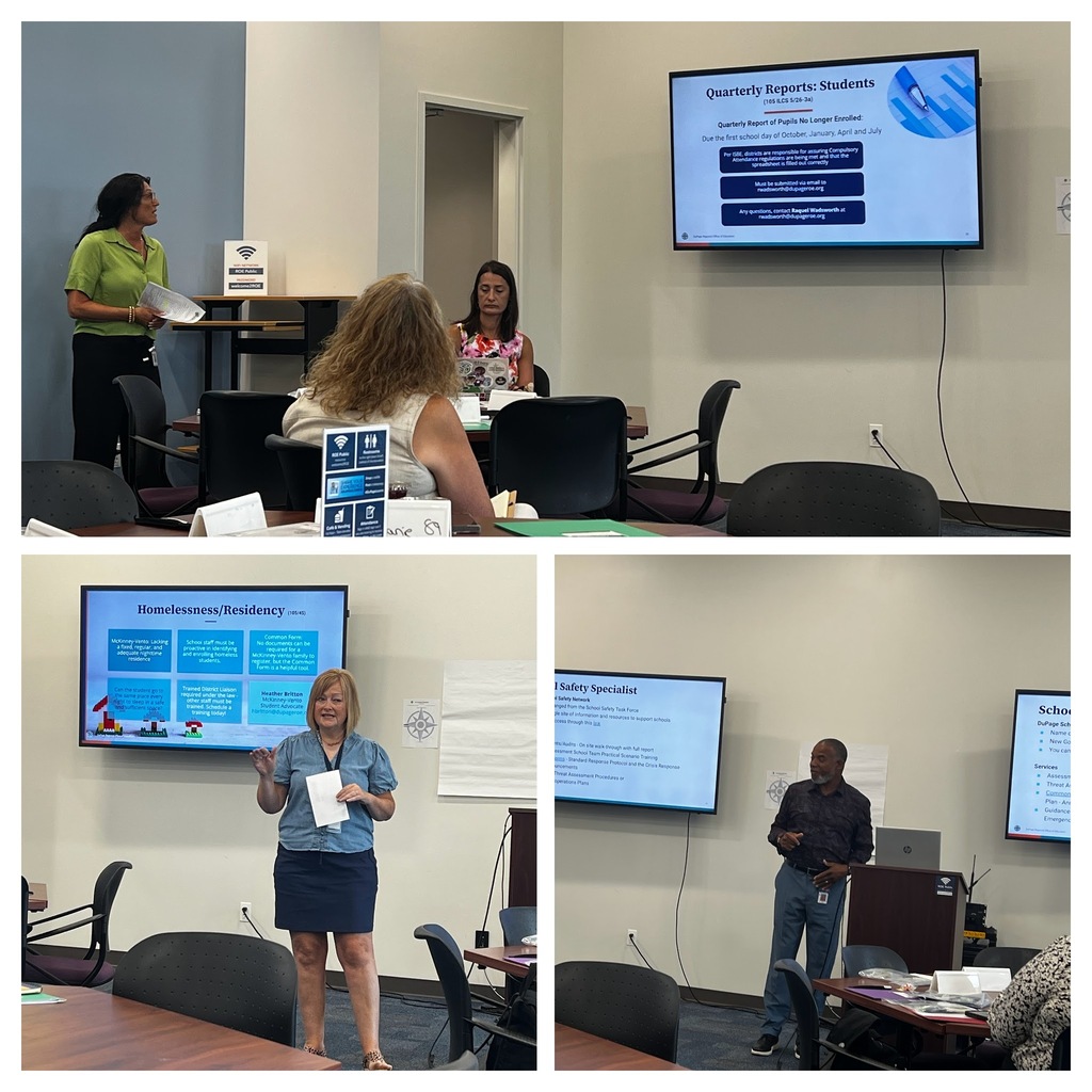 Four photos of an office meeting with people seated and standing. Some hold papers and one gives a presentation.