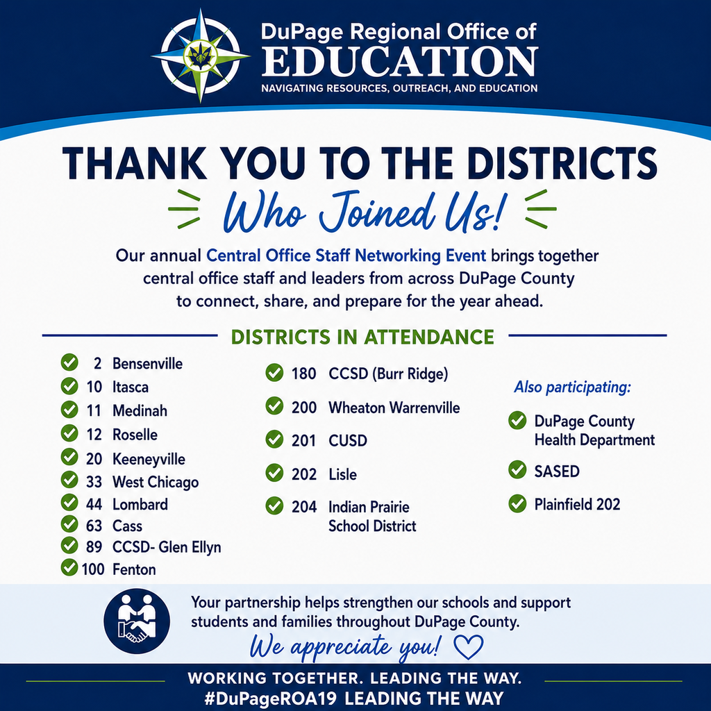 An announcement displays a list of districts and organizations that participated in a networking event.