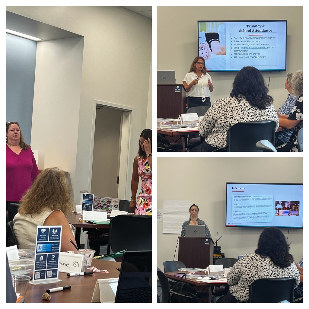 Four panels of a woman presenting at a meeting. One panel shows her standing at a podium.