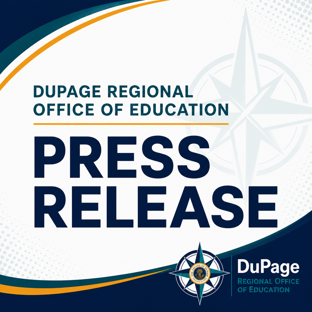 Blue and white design with the title "Press Release" and "DuPage Regional Office of Education". Logos and text.