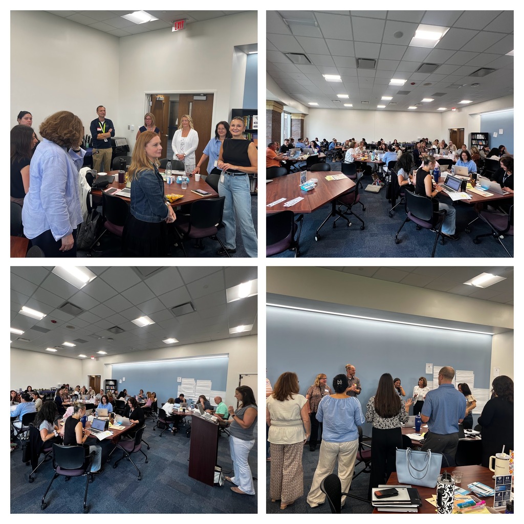 Four photos of a room with people seated and standing around tables. One person stands at a podium.